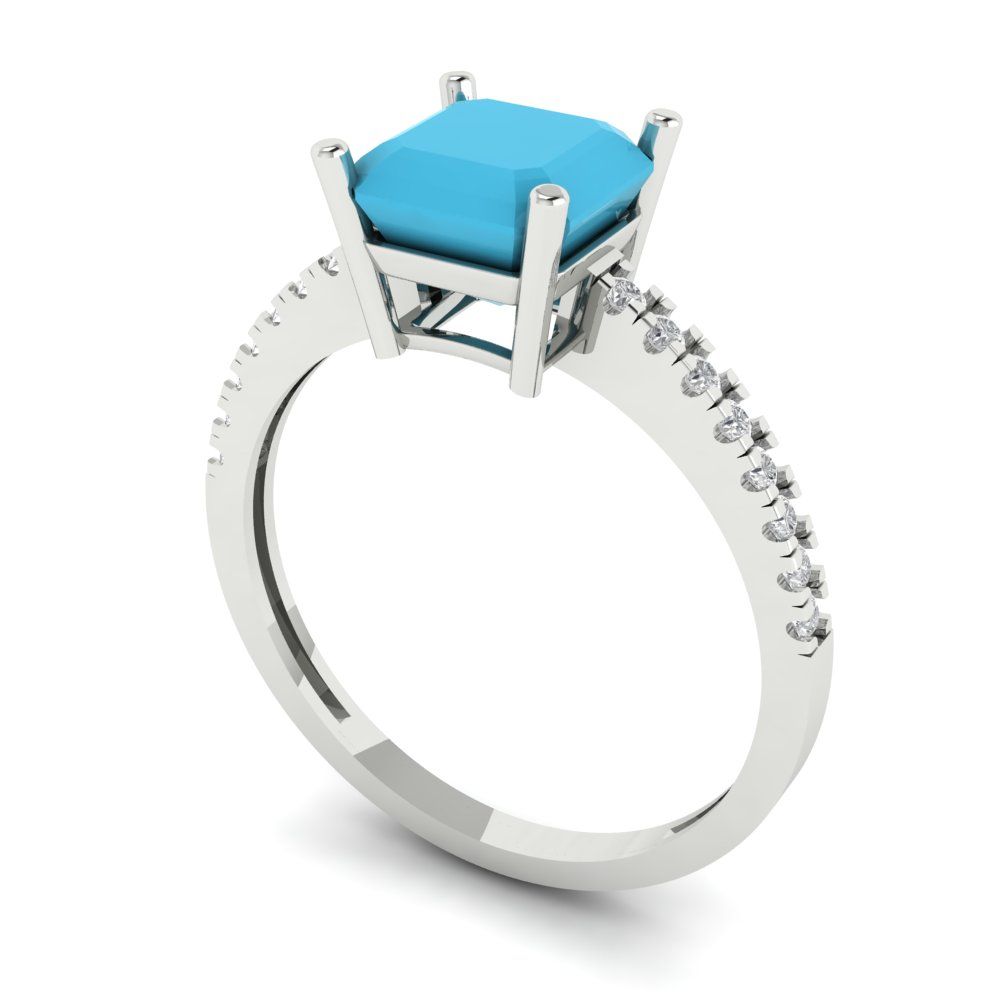 2.7 cttw Simulated Turquoise Solitaire with Zirconia Simulated Diamond Accents Engagement Ring - Solid White Gold (VVS1, Asscher Cut,6.5mm)