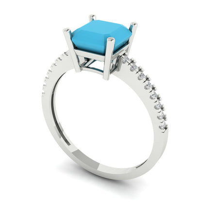 2.7 cttw Simulated Turquoise Solitaire with Zirconia Simulated Diamond Accents Engagement Ring - Solid White Gold (VVS1, Asscher Cut,6.5mm)