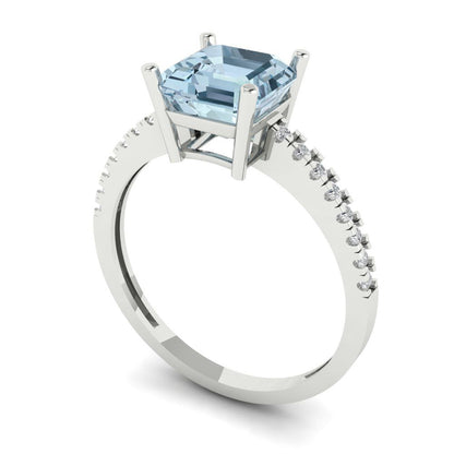 2.7 cttw Natural Sky Blue Topaz Solitaire with Zirconia Simulated Diamond Accents Engagement Ring - Solid White Gold (VVS1, Asscher Cut,6.5mm)