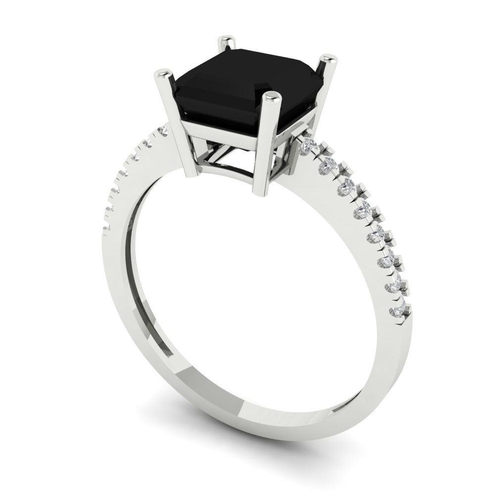 2.7 cttw Natural Onyx Solitaire with Zirconia Simulated Diamond Accents Engagement Ring - Solid White Gold (VVS1, Asscher Cut,6.5mm)