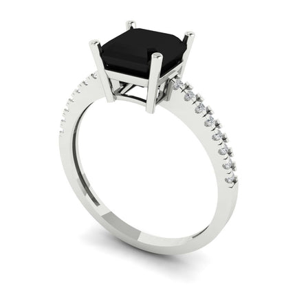 2.7 cttw Natural Onyx Solitaire with Zirconia Simulated Diamond Accents Engagement Ring - Solid White Gold (VVS1, Asscher Cut,6.5mm)