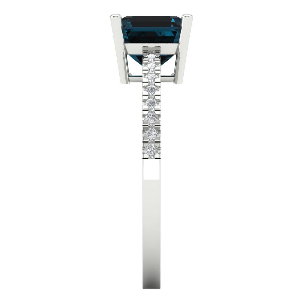 2.7 cttw Natural London Blue Topaz Solitaire with Zirconia Simulated Diamond Accents Engagement Ring - Solid White Gold (VVS1, Asscher Cut,6.5mm)