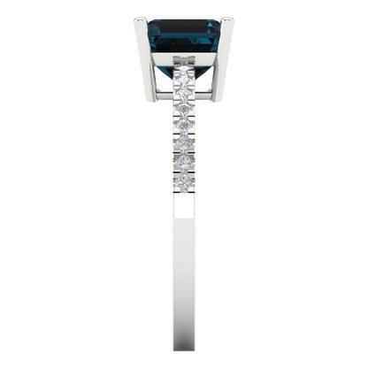 2.7 cttw Natural London Blue Topaz Solitaire with Zirconia Simulated Diamond Accents Engagement Ring - Solid White Gold (VVS1, Asscher Cut,6.5mm)