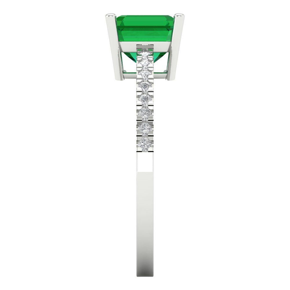 2.7 cttw Simulated Emerald Solitaire with Zirconia Simulated Diamond Accents Engagement Ring - Solid White Gold (VVS1, Asscher Cut,6.5mm)