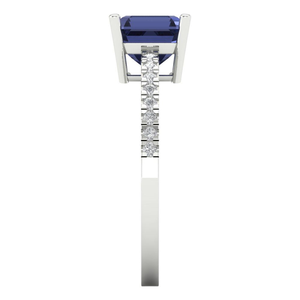 2.7 cttw Simulated Blue Sapphire Solitaire with Zirconia Simulated Diamond Accents Engagement Ring - Solid White Gold (VVS1, Asscher Cut,6.5mm)