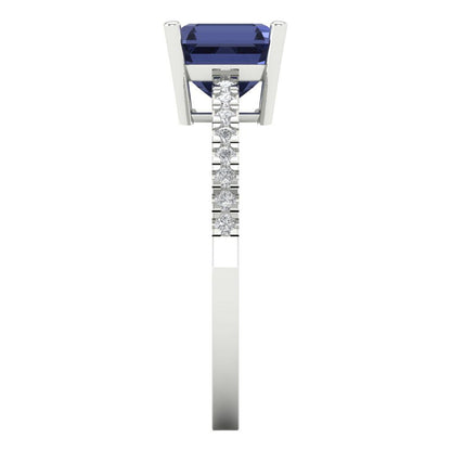 2.7 cttw Simulated Blue Sapphire Solitaire with Zirconia Simulated Diamond Accents Engagement Ring - Solid White Gold (VVS1, Asscher Cut,6.5mm)
