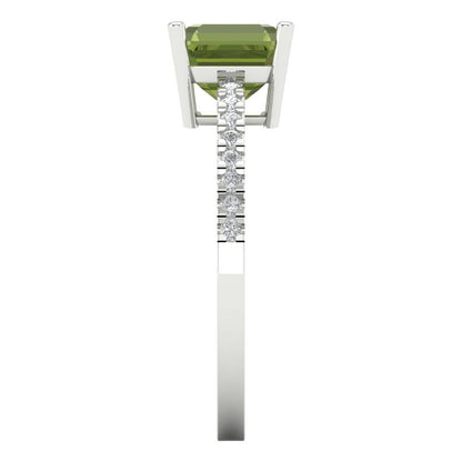 2.7 cttw Natural Peridot Solitaire with Zirconia Simulated Diamond Accents Engagement Ring - Solid White Gold (VVS1, Asscher Cut,6.5mm)