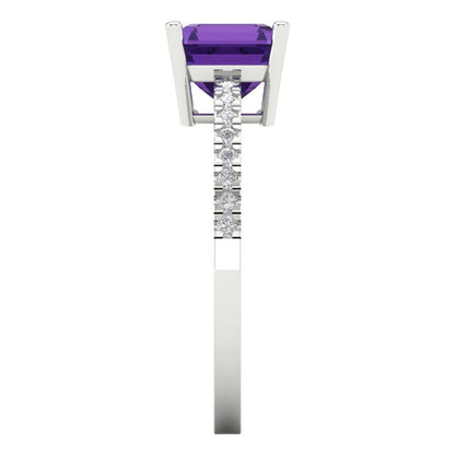 2.7 cttw Natural Amethyst Solitaire with Zirconia Simulated Diamond Accents Engagement Ring - Solid White Gold (VVS1, Asscher Cut,6.5mm)