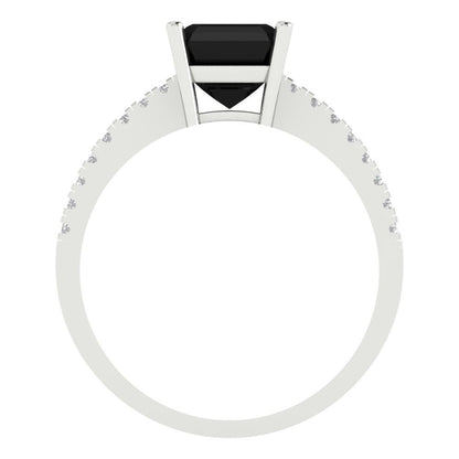 2.7 cttw Natural Onyx Solitaire with Zirconia Simulated Diamond Accents Engagement Ring - Solid White Gold (VVS1, Asscher Cut,6.5mm)