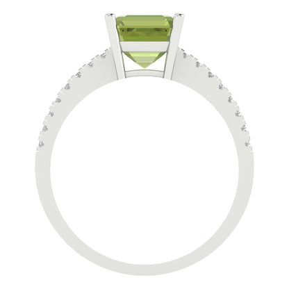 2.7 cttw Natural Peridot Solitaire with Zirconia Simulated Diamond Accents Engagement Ring - Solid White Gold (VVS1, Asscher Cut,6.5mm)