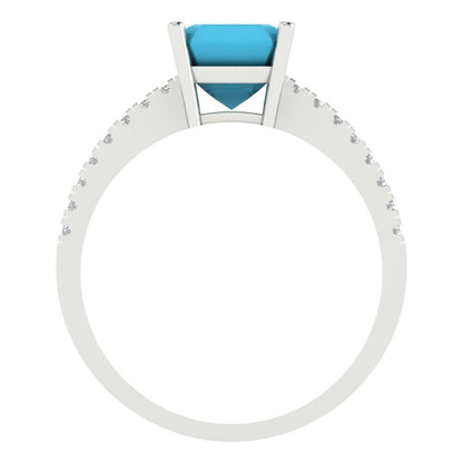2.7 cttw Simulated Turquoise Solitaire with Zirconia Simulated Diamond Accents Engagement Ring - Solid White Gold (VVS1, Asscher Cut,6.5mm)