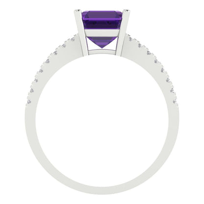 2.7 cttw Natural Amethyst Solitaire with Zirconia Simulated Diamond Accents Engagement Ring - Solid White Gold (VVS1, Asscher Cut,6.5mm)