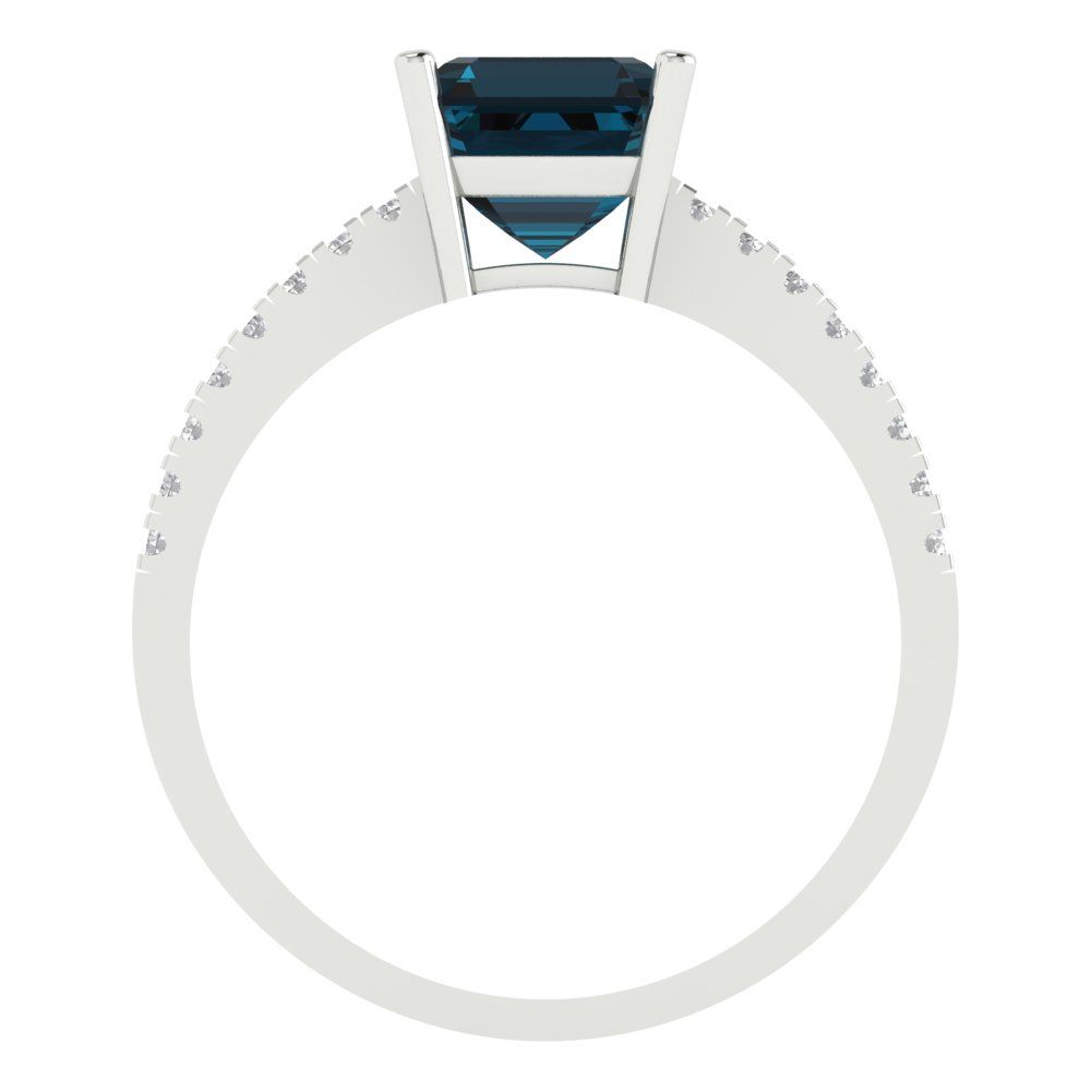 2.7 cttw Natural London Blue Topaz Solitaire with Zirconia Simulated Diamond Accents Engagement Ring - Solid White Gold (VVS1, Asscher Cut,6.5mm)