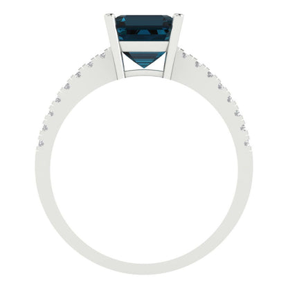 2.7 cttw Natural London Blue Topaz Solitaire with Zirconia Simulated Diamond Accents Engagement Ring - Solid White Gold (VVS1, Asscher Cut,6.5mm)