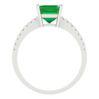 2.7 cttw Simulated Emerald Solitaire with Zirconia Simulated Diamond Accents Engagement Ring - Solid White Gold (VVS1, Asscher Cut,6.5mm)