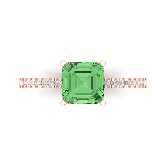 2.7 cttw Zirconia Simulated Green Diamond Solitaire with Zirconia Simulated Diamond Accents Engagement Ring - Solid Rose Gold (VVS1, Asscher Cut,6.5mm)
