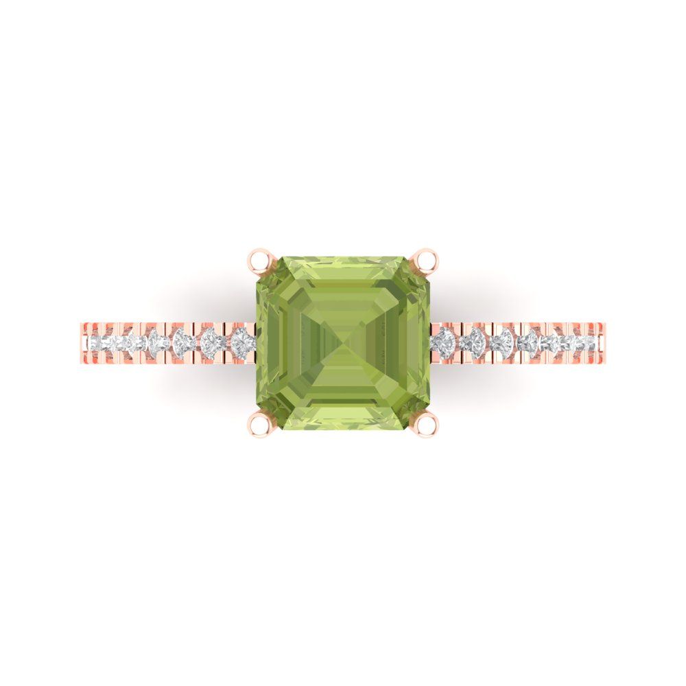 2.7 cttw Natural Peridot Solitaire with Zirconia Simulated Diamond Accents Engagement Ring - Solid Gold (Asscher Cut,6.5mm)