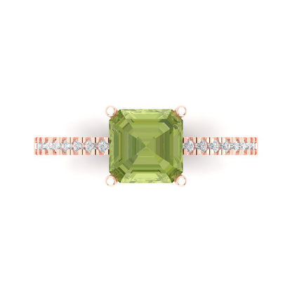 2.7 cttw Natural Peridot Solitaire with Zirconia Simulated Diamond Accents Engagement Ring - Solid Gold (Asscher Cut,6.5mm)