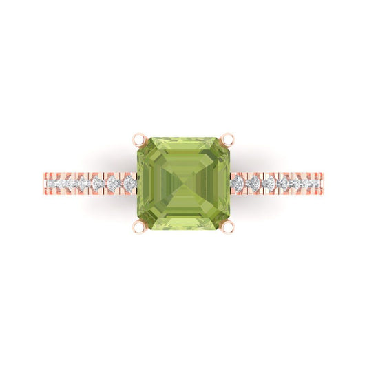 2.7 cttw Natural Peridot Solitaire with Zirconia Simulated Diamond Accents Engagement Ring - Solid Rose Gold (VVS1, Asscher Cut,6.5mm)
