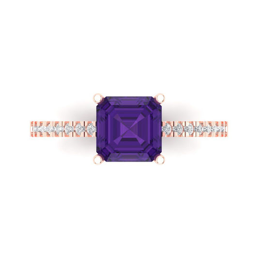 2.7 cttw Natural Amethyst Solitaire with Zirconia Simulated Diamond Accents Engagement Ring - Solid Rose Gold (VVS1, Asscher Cut,6.5mm)