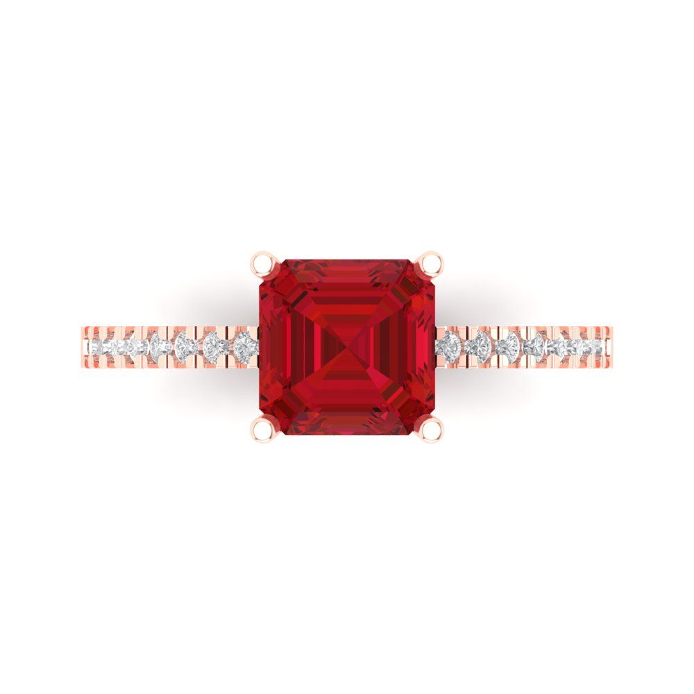 2.7 cttw Simulated Ruby Solitaire with Zirconia Simulated Diamond Accents Engagement Ring - Solid Rose Gold (VVS1, Asscher Cut,6.5mm)