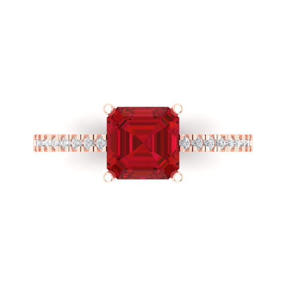 2.7 cttw Simulated Ruby Solitaire with Zirconia Simulated Diamond Accents Engagement Ring - Solid Rose Gold (VVS1, Asscher Cut,6.5mm)