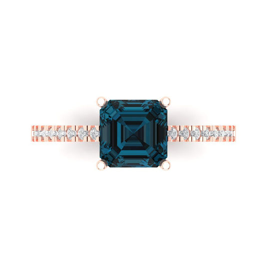 2.7 cttw Natural London Blue Topaz Solitaire with Zirconia Simulated Diamond Accents Engagement Ring - Solid Rose Gold (VVS1, Asscher Cut,6.5mm)