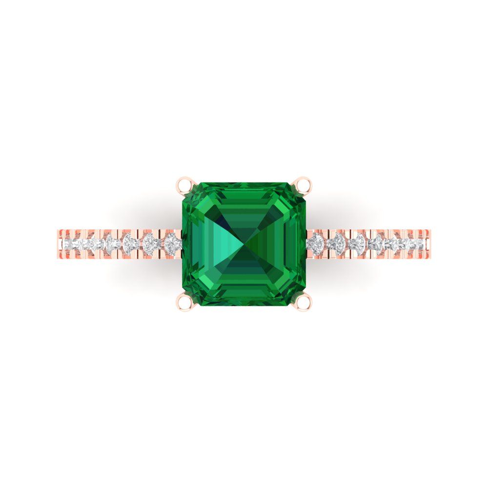2.7 cttw Simulated Emerald Solitaire with Zirconia Simulated Diamond Accents Engagement Ring - Solid Gold (Asscher Cut,6.5mm)