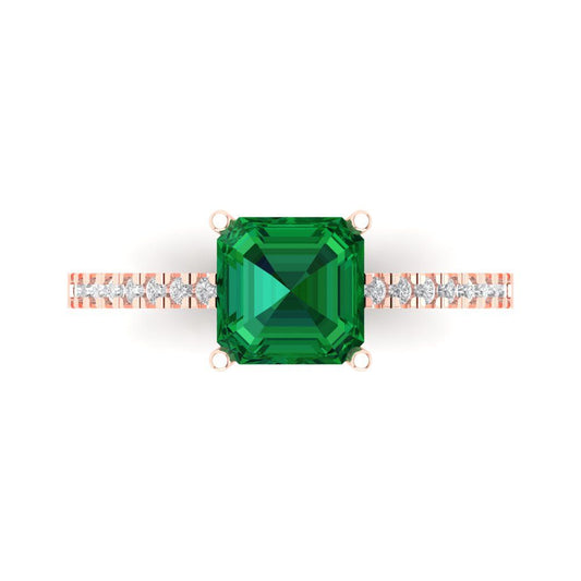 2.7 cttw Simulated Emerald Solitaire with Zirconia Simulated Diamond Accents Engagement Ring - Solid Rose Gold (VVS1, Asscher Cut,6.5mm)