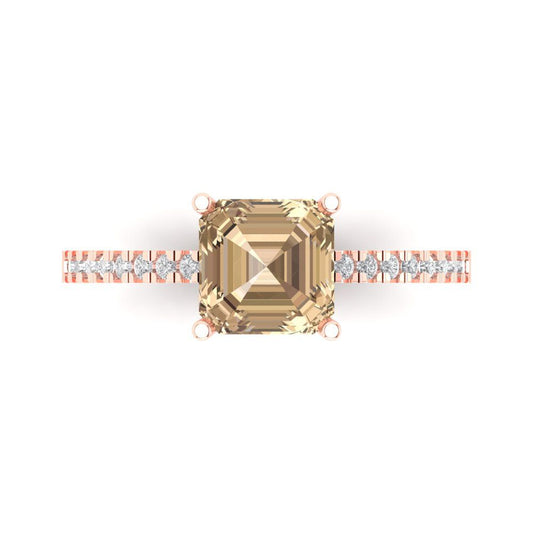 2.7 cttw Yellow Moissanite Solitaire with Zirconia Simulated Diamond Accents Engagement Ring - Solid Rose Gold (VVS1, Asscher Cut,6.5mm)