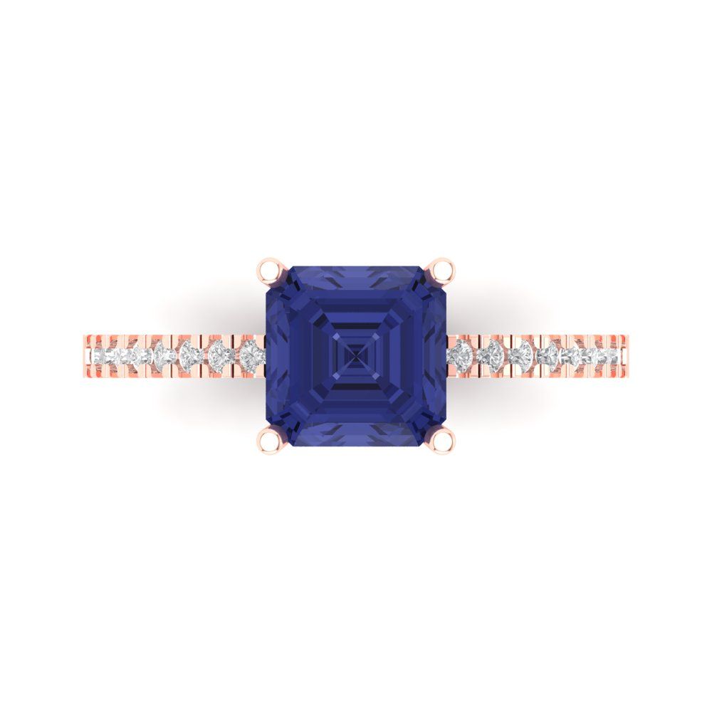 2.7 cttw Simulated Tanzanite Solitaire with Zirconia Simulated Diamond Accents Engagement Ring - Solid Gold (Asscher Cut,6.5mm)
