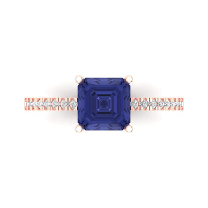 2.7 cttw Simulated Tanzanite Solitaire with Zirconia Simulated Diamond Accents Engagement Ring - Solid Gold (Asscher Cut,6.5mm)