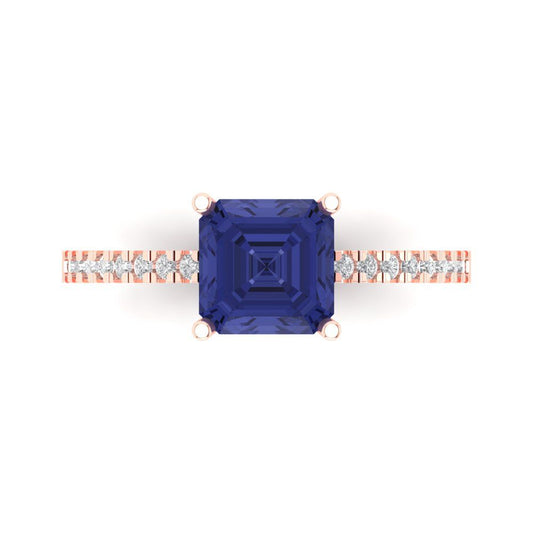 2.7 cttw Simulated Tanzanite Solitaire with Zirconia Simulated Diamond Accents Engagement Ring - Solid Rose Gold (VVS1, Asscher Cut,6.5mm)