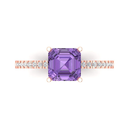 2.7 cttw Simulated Alexandrite Solitaire with Zirconia Simulated Diamond Accents Engagement Ring - Solid Rose Gold (VVS1, Asscher Cut,6.5mm)