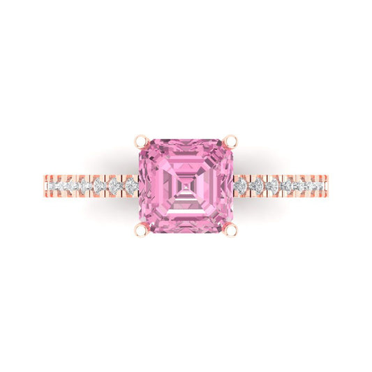 2.7 cttw Zirconia Simulated Pink Diamond Solitaire with Zirconia Simulated Diamond Accents Engagement Ring - Solid Rose Gold (VVS1, Asscher Cut,6.5mm)
