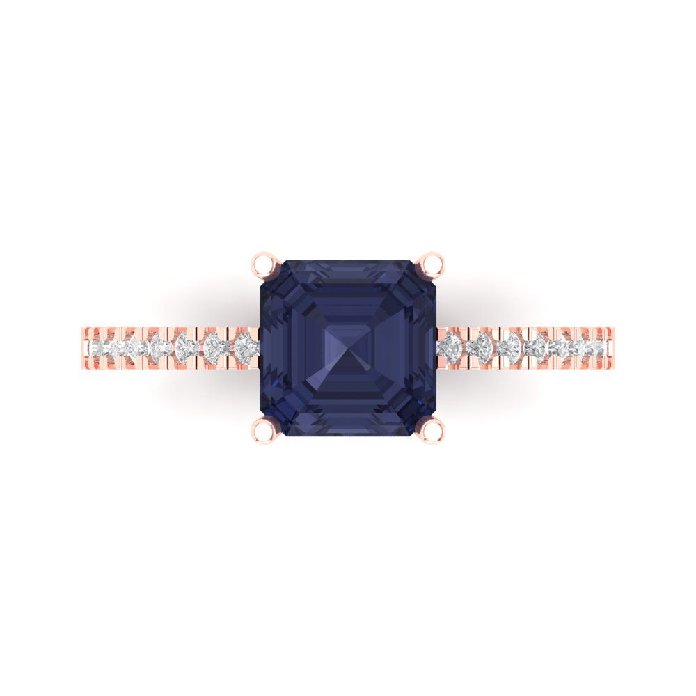 2.7 cttw Simulated Blue Sapphire Solitaire with Zirconia Simulated Diamond Accents Engagement Ring - Solid Gold (Asscher Cut,6.5mm)