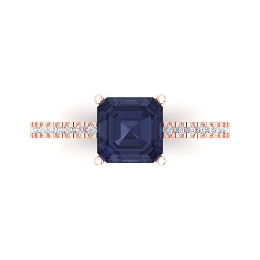 2.7 cttw Simulated Blue Sapphire Solitaire with Zirconia Simulated Diamond Accents Engagement Ring - Solid Rose Gold (VVS1, Asscher Cut,6.5mm)