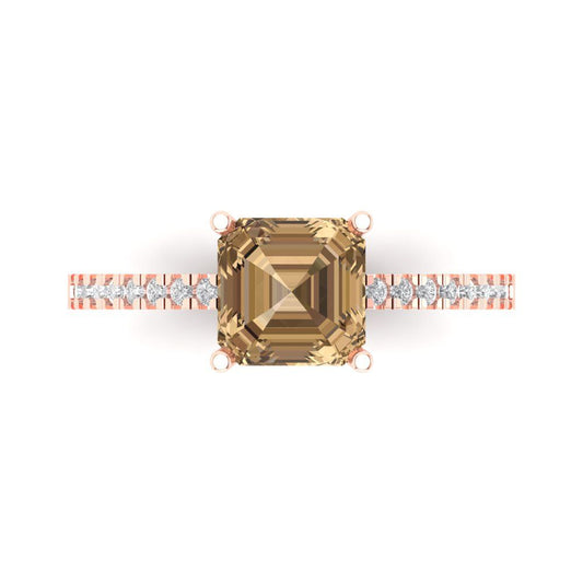 2.7 cttw Zirconia Simulated Champagne Diamond Solitaire with Zirconia Simulated Diamond Accents Engagement Ring - Solid Rose Gold (VVS1, Asscher Cut,6.5mm)