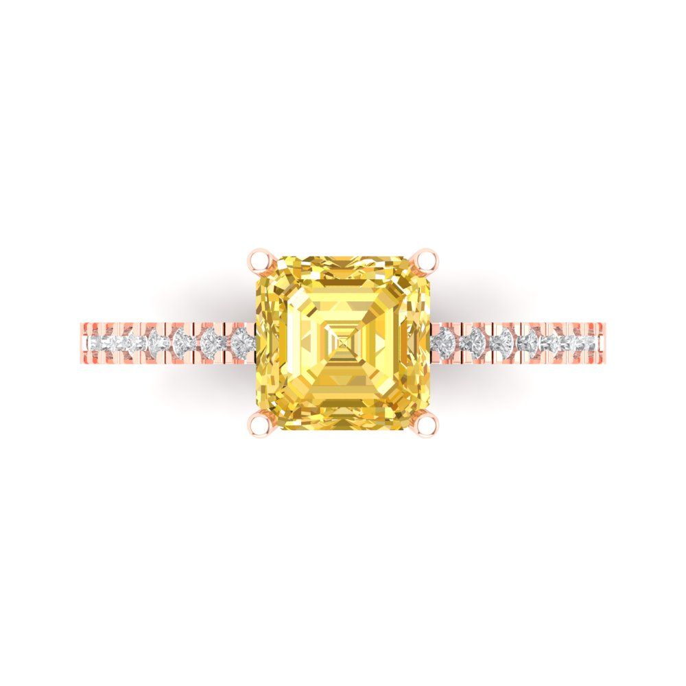 2.7 cttw Zirconia Simulated Yellow Diamond Solitaire with Zirconia Simulated Diamond Accents Engagement Ring - Solid Gold (VVS1, Asscher Cut,6.5mm)