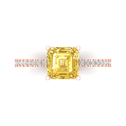 2.7 cttw Zirconia Simulated Yellow Diamond Solitaire with Zirconia Simulated Diamond Accents Engagement Ring - Solid Gold (VVS1, Asscher Cut,6.5mm)