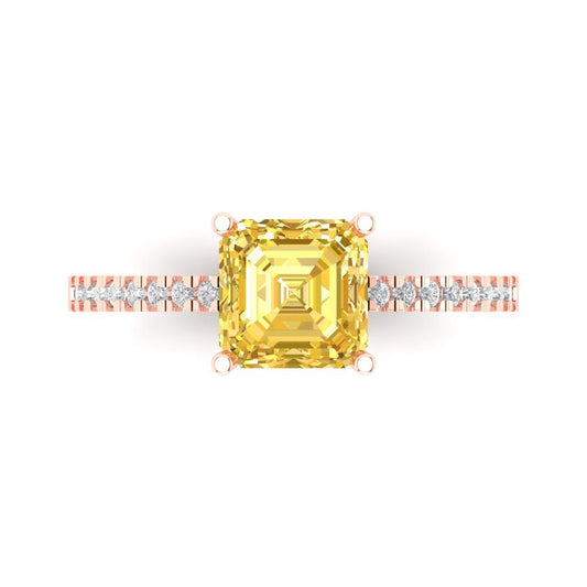 2.7 cttw Zirconia Simulated Yellow Diamond Solitaire with Zirconia Simulated Diamond Accents Engagement Ring - Solid Rose Gold (VVS1, Asscher Cut,6.5mm)