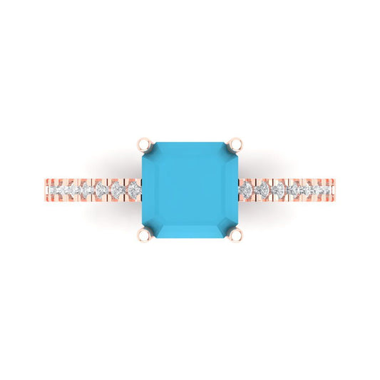 2.7 cttw Simulated Turquoise Solitaire with Zirconia Simulated Diamond Accents Engagement Ring - Solid Rose Gold (VVS1, Asscher Cut,6.5mm)