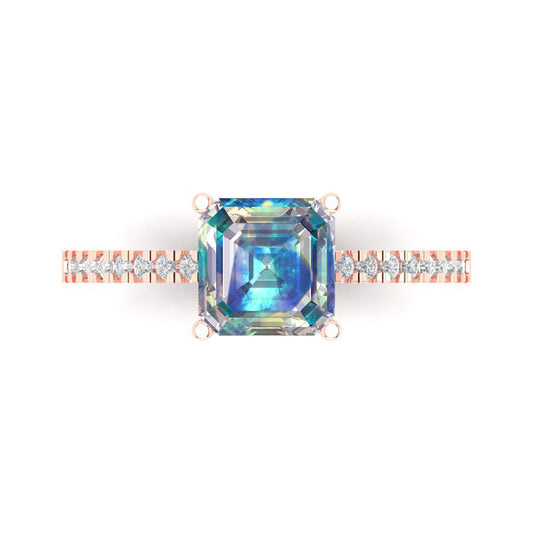 2.7 cttw Blue Moissanite Solitaire with Zirconia Simulated Diamond Accents Engagement Ring - Solid Rose Gold (VVS1, Asscher Cut,6.5mm)