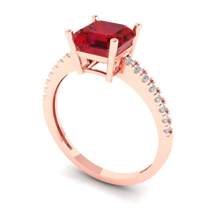 2.7 cttw Simulated Ruby Solitaire with Zirconia Simulated Diamond Accents Engagement Ring - Solid Rose Gold (VVS1, Asscher Cut,6.5mm)