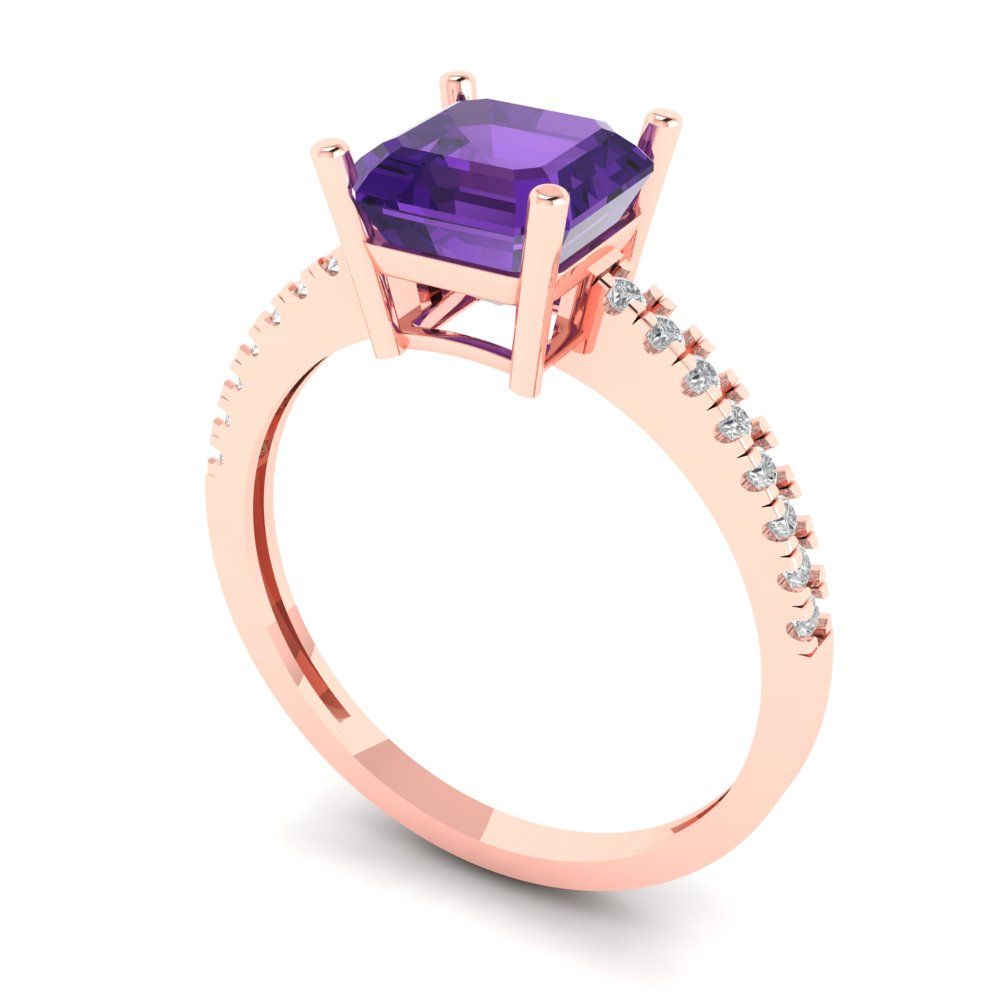2.7 cttw Natural Amethyst Solitaire with Zirconia Simulated Diamond Accents Engagement Ring - Solid Gold (Asscher Cut,6.5mm)