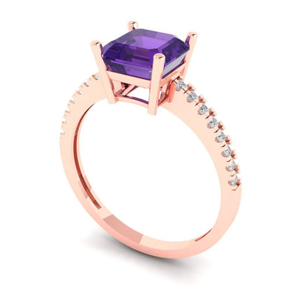2.7 cttw Natural Amethyst Solitaire with Zirconia Simulated Diamond Accents Engagement Ring - Solid Gold (Asscher Cut,6.5mm)