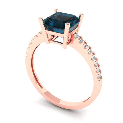 2.7 cttw Natural London Blue Topaz Solitaire with Zirconia Simulated Diamond Accents Engagement Ring - Solid Gold (Asscher Cut,6.5mm)