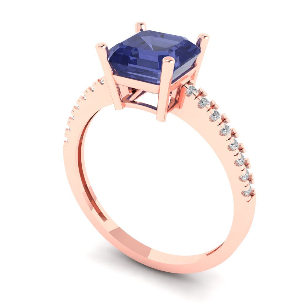 2.7 cttw Simulated Tanzanite Solitaire with Zirconia Simulated Diamond Accents Engagement Ring - Solid Gold (Asscher Cut,6.5mm)