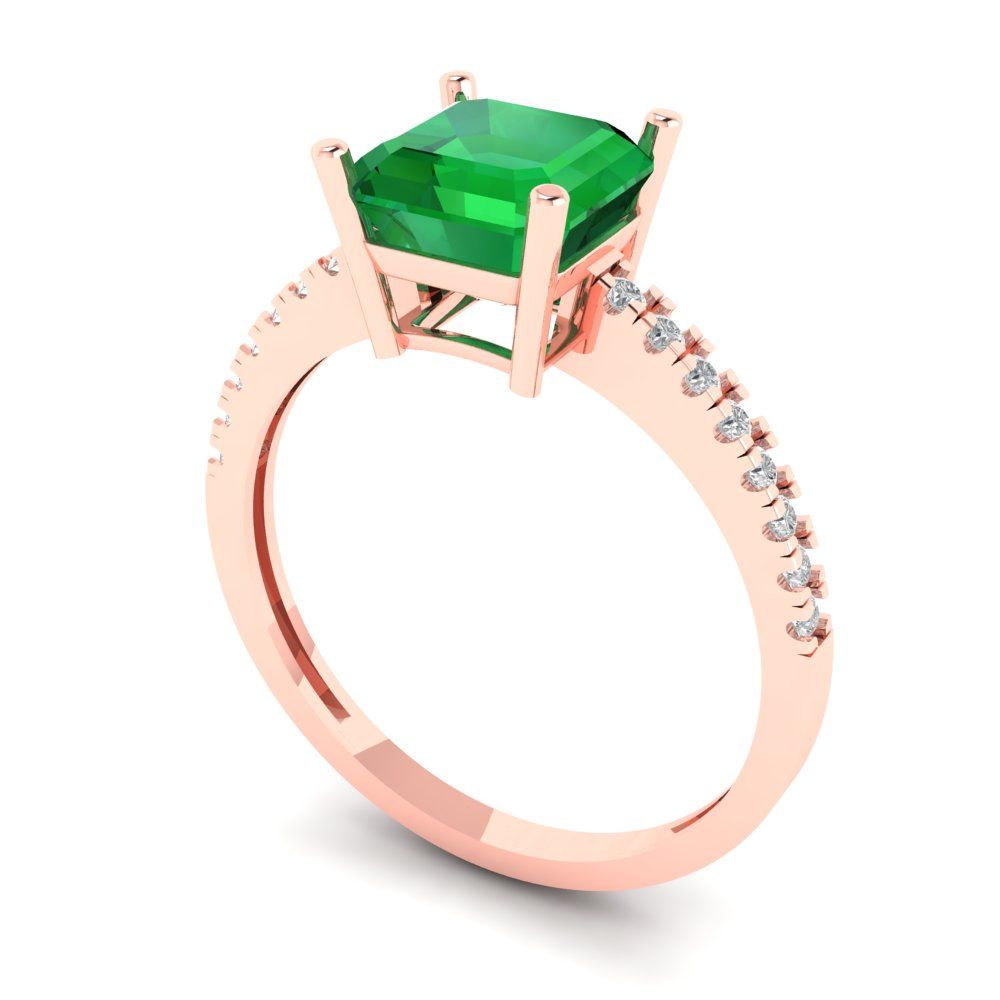2.7 cttw Simulated Emerald Solitaire with Zirconia Simulated Diamond Accents Engagement Ring - Solid Gold (Asscher Cut,6.5mm)