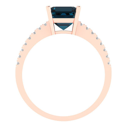 2.7 cttw Natural London Blue Topaz Solitaire with Zirconia Simulated Diamond Accents Engagement Ring - Solid Gold (Asscher Cut,6.5mm)